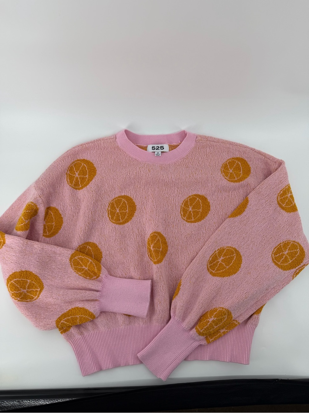 525 America Pink Orange Citrus Fruit Print Knit Sweater Balloon Sleeve XS - Picture 1 of 6